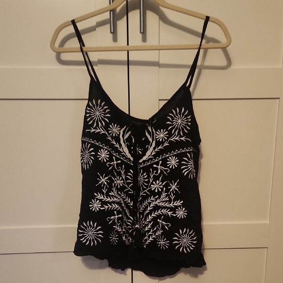 Poof! Tops - Poof! Embroidered Black and White Floral Spaghetti Strap Women's Shirt Medium